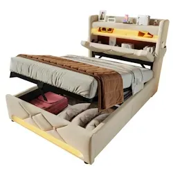 OKWISH Polsterbett 90x200 mit hydraulischem Stauraum, USB-Anschlüssen, LED-Beleuchtung und Ladefunktion für Smartphone – Beige