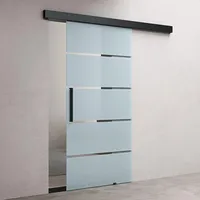 doporro Glasschiebetür Komplettset Softclose 102,5 x 205cm | 15mm Wandabstand | Schiebetür mit ESG-Sicherheitsglas | Zimmertür Glas 5-Milchglas-Streifen und Schwarz Stangengriff | Amalfi-plus 13