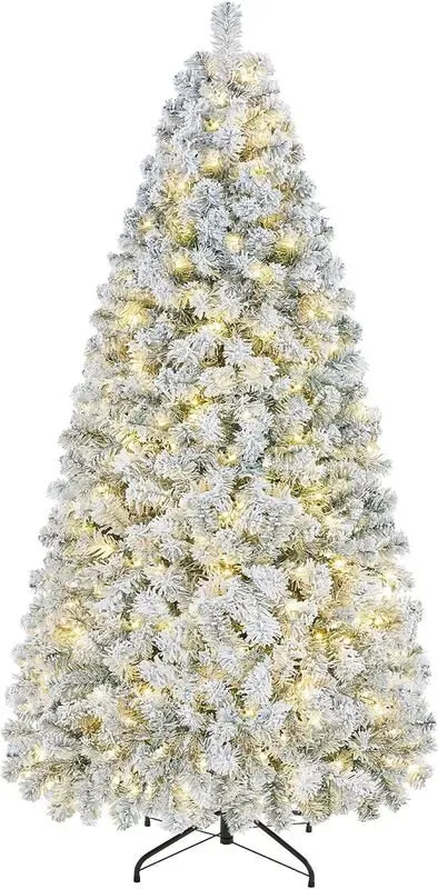 Yaheetech 1,83 m vorgeschmückter, geflockter künstlicher Weihnachtsbaum, festliche Dekoration, Scharnier-Fichte mit 250 warmweißen LED-Lampen, 8 Beleuchtungsmodi & 780 PVC-Zweigen, mit Ständer, Grün & Weiß