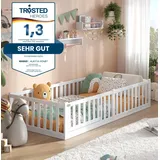 Alavya Home® Kinderbett Bodenbett "TITAN" mit Tür aus Buche FSC® 100% zertifiziert, Bodenbett 140x200 cm inkl. Rausfallschutz & Lattenrost weiß 140 cm x 200 cm