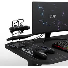SENSE7 Nomad Cybernetic Gaming Tisch 140x60, PC Tisch mit Kopfhörerhaken, Getränkehalter, Controller Halter, Gaming Computertisch mit Kohlefaseroberfläche, Ergonomischer Gaming Desk