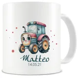 Samunshi® Kindertasse mit Namen Tasse mit Süßer Trecker Traktor Personalisierte Tasse mit Namen Kinder Kinderbecher mit Namen für Kindergarten oder Geburtstag weiß 300ml