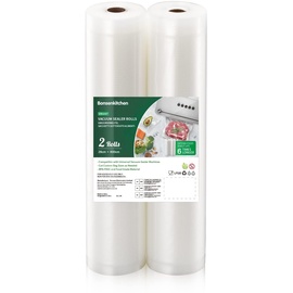 Bonsenkitchen Vakuumrollen 2 Rollen 28x600cm Vakuumierfolie - Profi Vakuumbeutel für Vakuumierer & Lebensmittel Vakuumiergerät, BPA-frei, Kochfest und Sous Vide Gefrierbeutel, VB3207