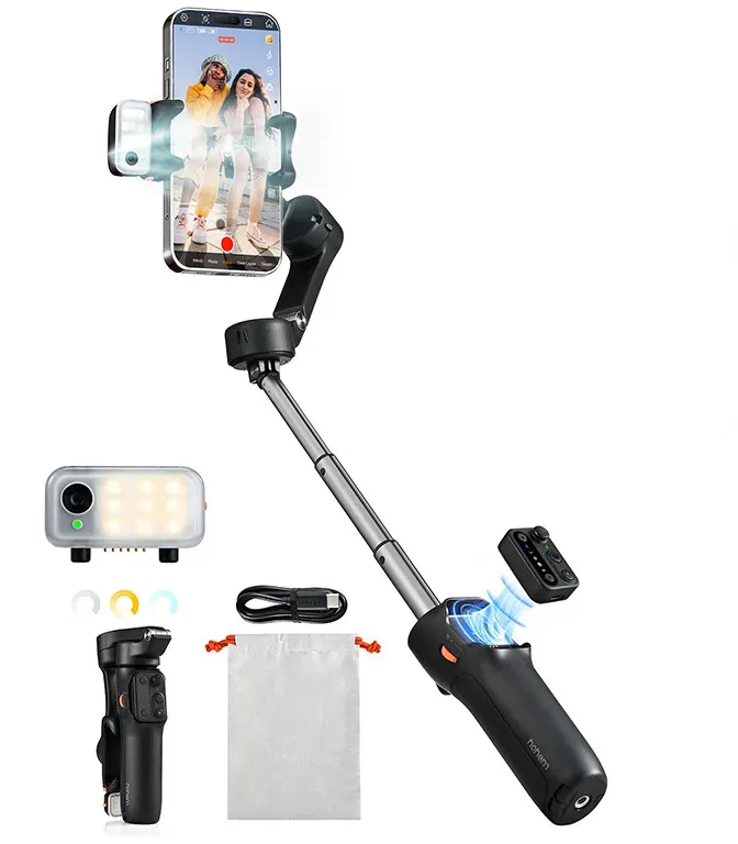 hohem 3-Achsen Smartphone Gimbal Stabilizer|Abnehmende Fernbedienung · KI-Tracking · Fülllicht · Stativ & Verlängerungsstange · Tragbares, faltbares Design