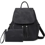 DIRRONA Rucksack Damen Lässig Mehrere Taschen Schultertaschen Large Rucksack PU Leder wasserdichte Diebstahlschutz Bag Ausflüge Schule Arbeit Damen Quaste Rucksack Mit Kleine Kupplung Schwarz