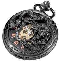 Tiong Vintage Mechanische Taschenuhr mit Kette Einzigartige Hohl Gravierte Drachen Steampunk römische Zahlen Männer Taschenuhr Geschenke