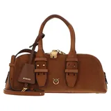 PINKO Handtasche Umhängetasche Bowling Bag Horizontal Suede + Brown - Lion - Antique Gold braun - Braun