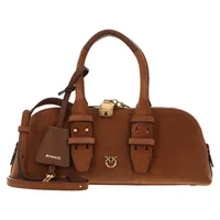 PINKO Handtasche Umhängetasche Bowling Bag Horizontal Suede + Brown - Lion - Antique Gold braun - Braun
