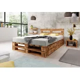 Lermowood Palettenbett M2 160 x 200 cm mit Kopfteil und 2 Bettkästen Geflammt Holzbett Massivholzbett Bett aus Paletten Seniorenbett Kinderbett Ju... - Weiß/Grau/Braun