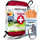 URBAN MEDICAL Outdoor Erste Hilfe Set aus Deutschland - Vollausgestatteter Verbandskasten inkl. Malteser Notfallbroschüre, Rettungsdecke und Regenponcho - Für Auto und Fahrrad DIN13167