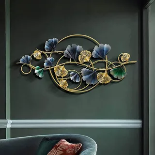 fikujap Wanddeko Metall, Wandschmuck Metall Wanddekoration Modernes Ginkgo Verlässt, Metallbild Wandrelief, 3D Hängende Skulptur Dekorationen Für Wohnzimmer,125 * 61cm