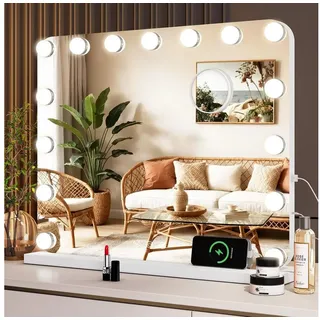 GBLY Schminkspiegel mit Beleuchtung - 50x40cm 15 Dimmbare led Spiegel, mit licht, 3 Beleuchtungsmodi, Touch Steuerung und Abnehmbare Lupe, Tischspiegel für Schminktisch, Wandspiegel