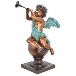 Casa Padrino Jugendstil Bronze Deko Skulptur Engel mit Trompete Bronze / Antik Türkis / Grau H. 95 cm