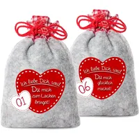 24 Adventskalender Säckchen aus Filz mit 24 Gründen Ich Liebe Dich, Weil - 2017 (für Erwachsene Männer & Frauen geeignet) für Weihnachtskalender/Adventskalender zum Befüllen