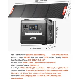 Vevor Tragbare Powerstation, 2400-W-Solargenerator mit Faltbarem 200-W-Solarpanel, Erweiterbarem 2160-Wh-LiFePO4-Akku, 10 Ausgängen & Einstellbare...