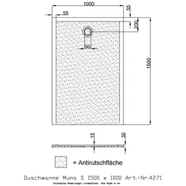 Hoesch Mineralguss-Duschwanne Muna S 150x100x3cm, weiß matt, Antirutsch
