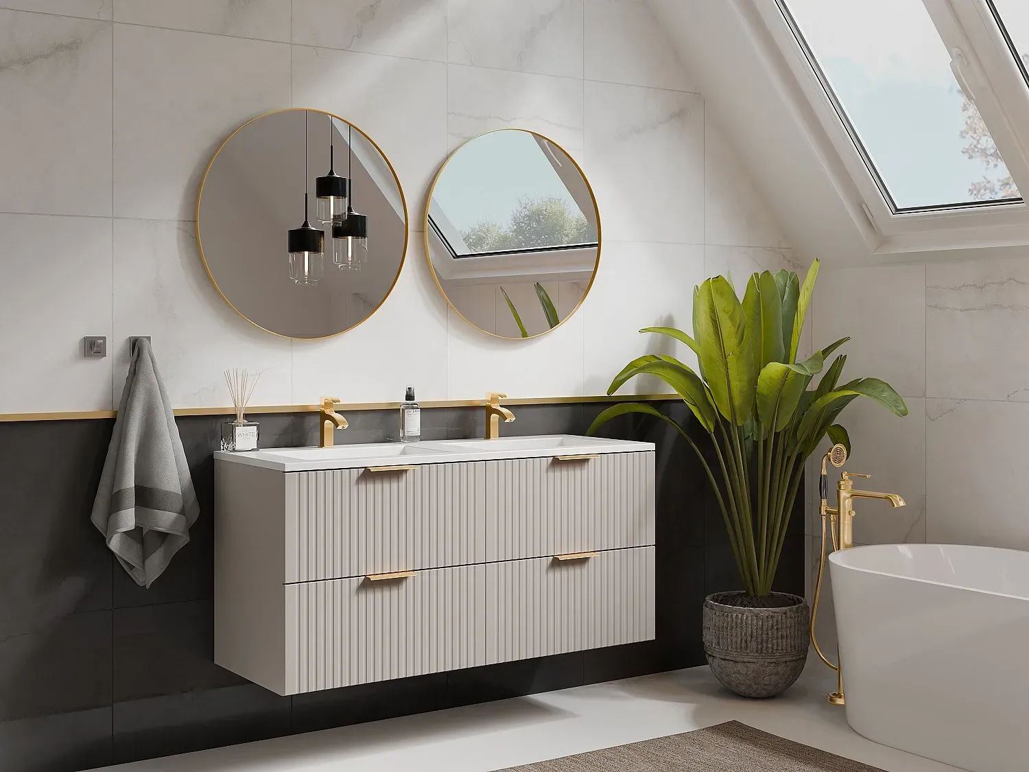 Waschbeckenunterschrank hängend mit Einbauwaschbecken - Streifenoptik - Beige - 120 cm - ZEVARA