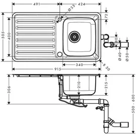 Hansgrohe Einbauspüle 340 x 485 mm, Becken mittig Edelstahl