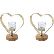 creativ home Teelichthalter Kerzenhalter Herz Edelstahl/Glas/ Holz Beige