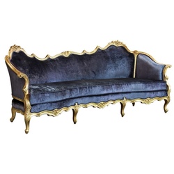Casa Padrino Luxus Barock Samt Sofa Blau / Gold - Edles Handgefertigtes Wohnzimmer Sofa im Barockstil - Barock Wohnzimmer Möbel - Edel & Prunkvoll