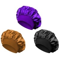 TSLRSA 3 Stücke Silk Bonnet - Satin Bonnet Schlafmütze Seidenhaube Zum Schlafen Bonnet Sleep Cap Schlafhaube Seide Satin Haarhaube für Mädchen Dame, Schütze Die Haare(Gold+Schwarz+Lila)