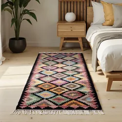 Teppich HANSE HOME "Kelim Zara", schwarz multifarben, B:60cm H:3mm L:190cm, Wolle, Baumwolle, Teppiche, Wolle, Baumwolle, Natur, Handgewebt, orientalisch, Boho, traditionell