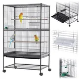 KADAX Vogelvoliere 79 x 52 x 133 cm, Vogelkäfig auf Rollen mit Sitzstangen, Futternäpfen & Wasserspender, Vogelhaus aus Metall, Käfig für Wellensittiche, Papageienkäfig