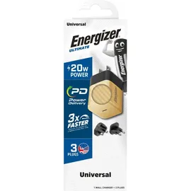 Energizer ENERGIZER, GaN 4A USB-C 20W Netzladegerät mit EU/UK/US Steckdosen, Schwarz / Gold - Bunt