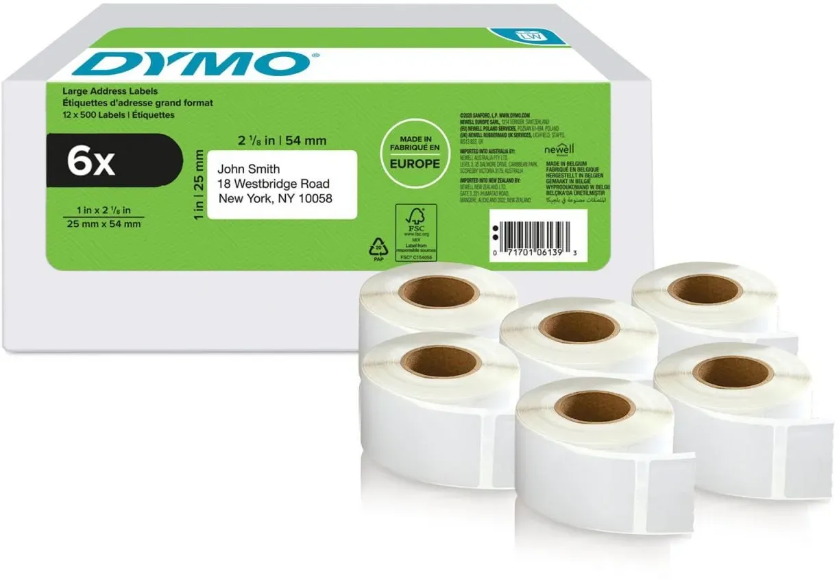 DYMO® Original Etikett für LabelWriterTM, Vorteilspack, Rücksendung - weiss -permanent haftend, 6 x 500 Etiketten