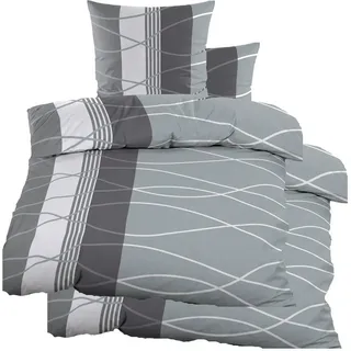 KH-Haushaltshandel 4-TLG. Biber Winter Bettwäsche 2X (135 x 200 + 80x80 cm), grau, Wellen/Streifen, 100% Baumwolle (40128)
