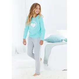 Buffalo Pyjama 1 Stück, 2 tlg. Schlafanzug mit Herzdruck und Streifen am Bein, Gr. 158/164, mint-grau-meliert, , 27900435-158