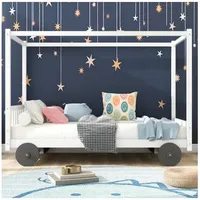 Hausbett, Kinderbett, Spielbett, Autobett, Kinderbett Mit Mdf-rädern, Kann Mit Bettvorhängen Ausgestattet Werden, Abnehmbarer Rahmen, Rahmen Aus Kiefer, Weiß (90x200cm) Kinsi
