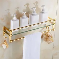 YhOuuA Glasregal für die Dusche, Badezimmerregal aus Metall und Glas mit Handtuchhalter/-stange, an der Wand montierter Badezimmer-Organizer, 40 cm/50 cm/60 cm, goldenes Finish (Gold, 40 cm/15,7 Zoll)