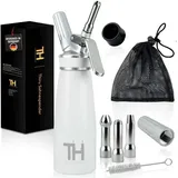 Thiru Sahnespender 500ml inkl. 3 Edelstahl Tüllen - Sahnesyphon mit E-Book – Schneeweiß / 3 GRATIS Kapseln