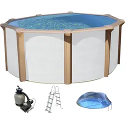 Rundpool KWAD "Timber CABRIO DOME inkl. Abdeckung zur Reduzierung des Pflegeaufwandes", weiß, H:132cm Ø:460cm, Schwimmbecken, 5-tlg., Höhe: 132cm, blaue Innenfolie