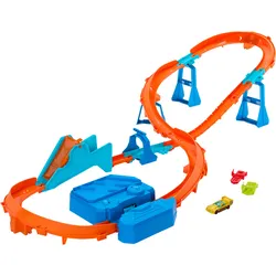 Hot Wheels Track Creator Beschleuniger-Sprung-Schnellstrecke-Set mit Spielzeugauto im Maßstab 1:64 und motorisiertem Beschleuniger