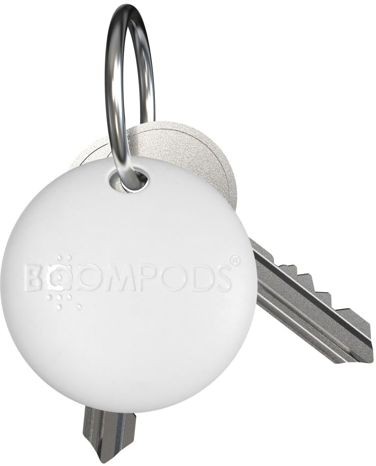 Boompods Boomtag Bluetooth Tracker Tag Item Finder, Smart Sustainable Tracker Devices for Keys/Wallet/Luggage/Bag/Suitcases, Tracking Gadgets/Locator Compatible with Apple Find My App - White