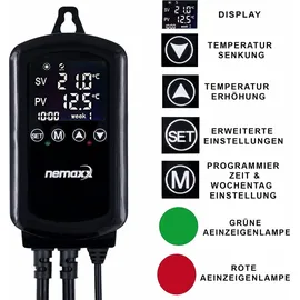 Nemaxx NEMAXX® NTP16 Steckdosenthermostat 230V (3000W/16A) mit NTC-Fühler 2m, Heiz-/Kühlmodus, Wochenprogramm, 2 Steckdosen