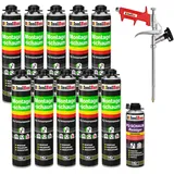 Isolbau Bauschaum-Set - Inkl. 10 x 1K Montageschaum B2 Pistolenschaum mit hervorragender Schall und Wärmedämmung (je 750 ml), 1 x PU-Schaum-Reiniger (500 ml) & 1 x Schaumpistole, Dämmen