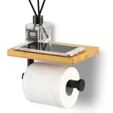 Toilettenpapierhalter Aus Edelstahl Sus304 Zur Wandmontage Mit Bambusablage, Mattschwarz, Ohne Bohren