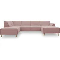 DOMO. collection Wohnlandschaft Jules FK, skandinavisches Sofa mit Federkern, Couch in U-Form mit Holzfüßen, 333 x 191 x 81 cm (BxTxH), Longchair rechts, rosa
