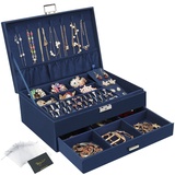 Schmuckkasten, Schmuckkästchen mit Schubladen für Damen Mädchen, Samt Schmuckbox Schmuckschatulle Groß Schmuck Organizer für Ringe Ohrringe Armbänder Halsketten, Dunkelblau