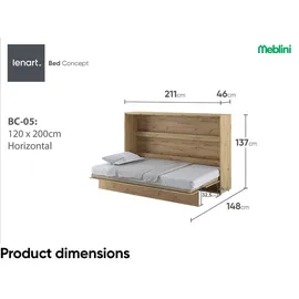 meblini Schrankbett Bed Concept - Wandbett mit Lattenrost - Klappbett mit Schrank - Wandklappbett - Murphy Bed - Bettschrank - BC-05-120x200cm Horizontal - Artisan Eiche