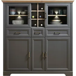 Highboard INNOSTYLE "Jasmin", grau (graphitfarben, eichefarben), Holzwerkstoff graphitfarben (Korpus)/ MDF graphitfarben (Front)/MDF eichefarben (Absetzung), Holzwerkstoff, MDF, Sideboards, 2 Glas-/Holztüren, 8 offene Fächer, inkl. LED-Beleuchtung