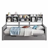 Ausziehbett 90x200 cm aus Kiefernholz mit Staufach – modernes, bodengleiches Design in Grau für Sicherheit und Komfort