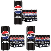 Pepsi Zero Zucker, Das zuckerfreie Erfrischungsgetränk von Pepsi ohne Kalorien, Koffeinhaltige Cola in der Dose, EINWEG Dose (24 x 0,33 l) (Verpackungsdesign kann abweichen) (Packung mit 3)