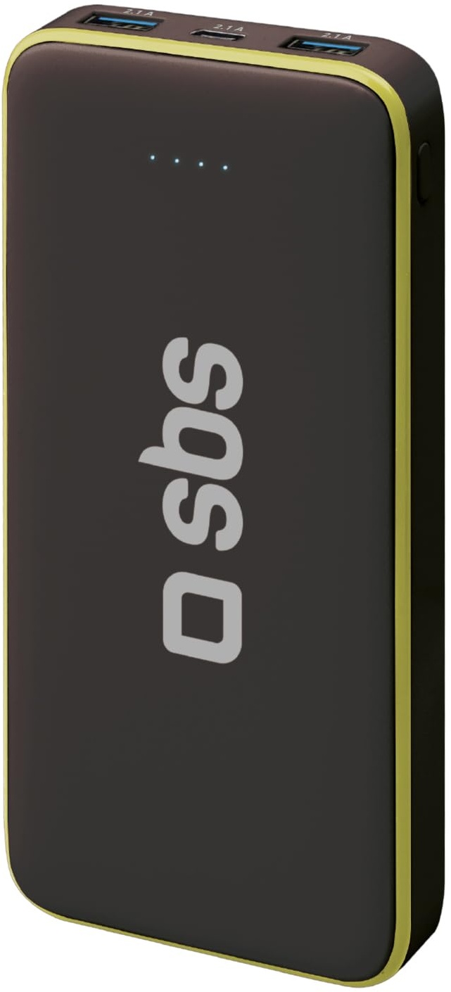 SBS 10.000 mAh Powerbank gelb und schwarz Schnellladung mit ON/Off-Taste, 10 W tragbares Ladegerät für Smartphone, Tablet und eBooks, 2 USB-A-Anschlüsse, 1 USB-C-Anschluss, inklusive Ladekabel