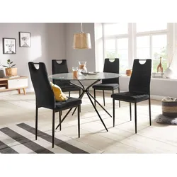 Essgruppe INOSIGN "Silvi-Mandy", schwarz (schwarz, schwarz, schwarz), B:110cm H:74cm T:110cm, Glas, Metall, Stoff, Sitzmöbel-Sets, Glastisch 110x110 cm mit 4 Stühlen (Veloursstoff), Gestell aus Metall
