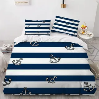 Anker Bettwäsche 155x200 2er Set, Maritime Gestreift Microfaser Bettbezug - Weich & Angenehm & Atmungsaktiv, 1 Bettbezüge mit Reißverschluss + 1 Kissenbezug 80x80 cm