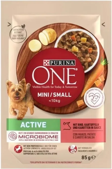 PURINA ONE Mini/Small Active Nassfutter für Hunde mit Rind - 26 x 85g - Für kleine erwachsene Hunde
